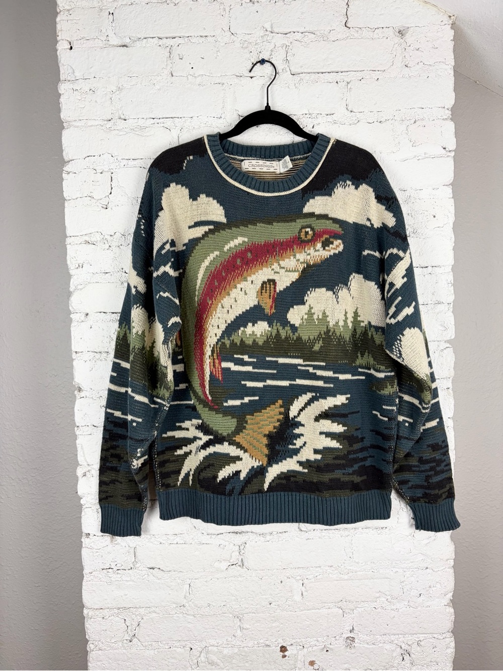 VTG Crossings Fish Knit Crew Sweater Fishing Cotton Large